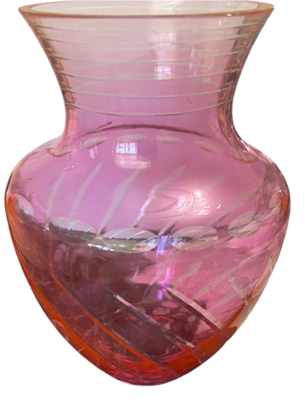 vintage MCM Czech Bohemian cut-to-clear pink glass vase 9” tall